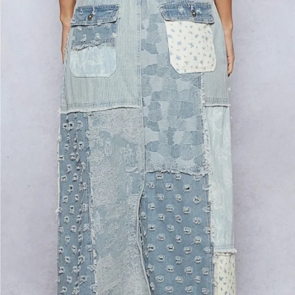 POL Patchwork Maxi Skirt in Blue and Cream - Picture 2 of 11